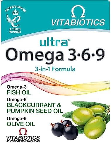 Vitabiotics Ultra Omega 3-6-9 Nutritional Supplements Capsules from Fish Oil Olive Oil Pumpkin Seed and Blackcurrant Oil