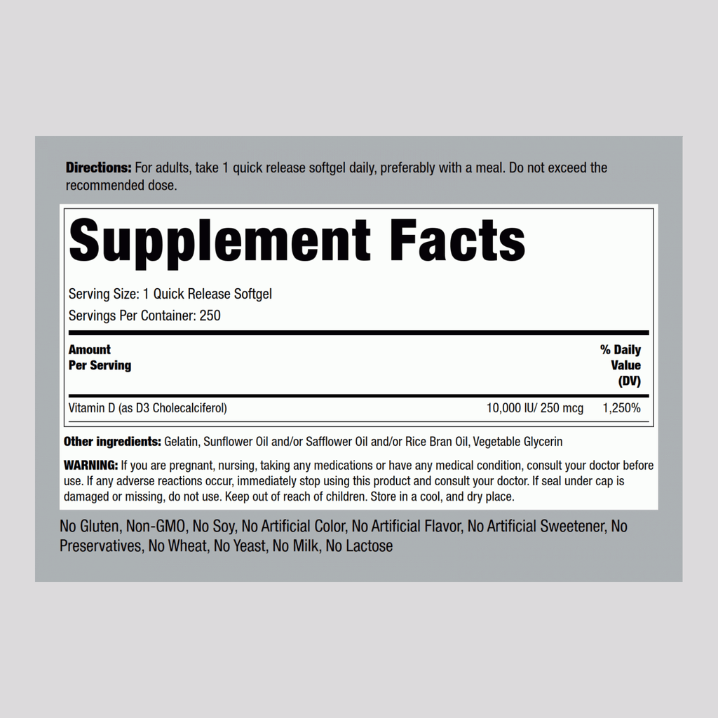 High Potency Vitamin D3, 10,000 IU, 250 Quick Release Softgels