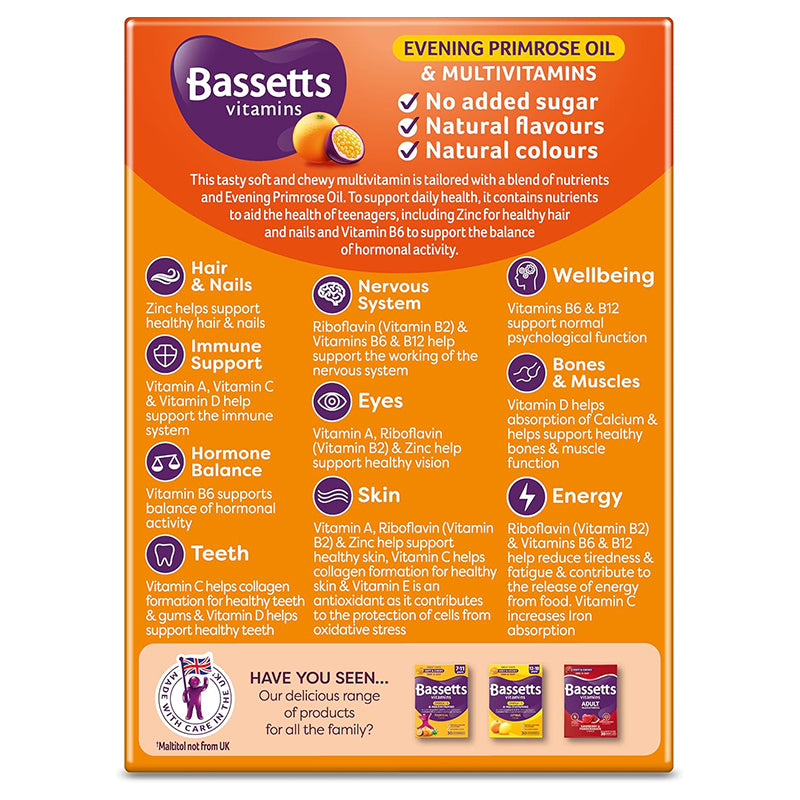 Bassetts 12-18 Years Evening Primrose Oil Orange & Passion Fruit Flavour Multivitamins (30 Gummies)