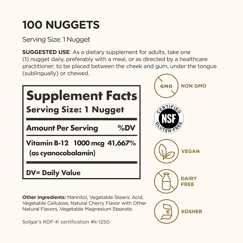 Solgar Vitamin B12 Sublingual Chewable Nuggets (Pack of 100)